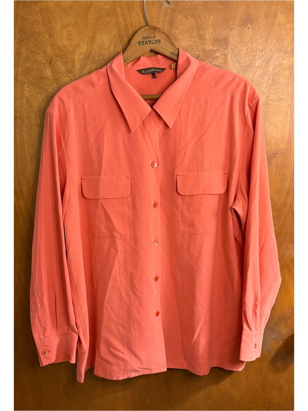 Tommy Bahama 100% Silk Coral Pink Button Down Blouse Top Office Work Large Boho